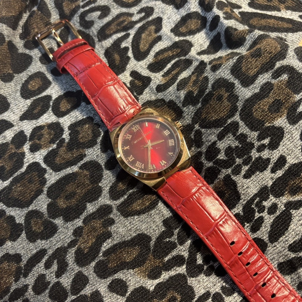 Michael‎ Kors Women's Gold Tone And Red Watch Croc Embossed Leather Band